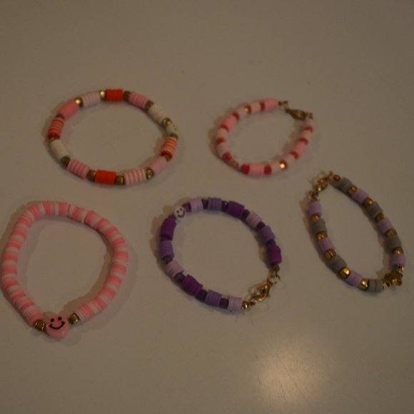 5 Bracelets  Handmade Clay Beads Colorful Elastic Fastener Kids Girls - Picture 4 of 4